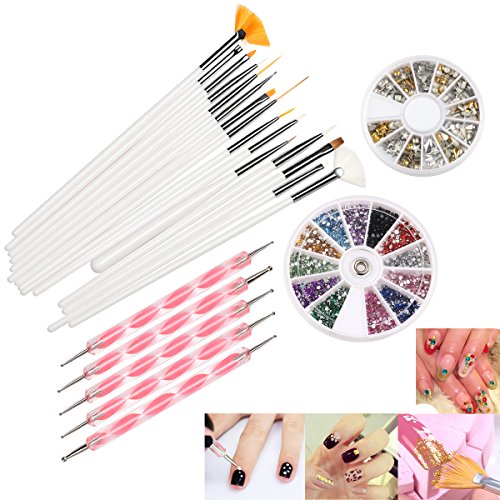RUIMIO 15 pcs Pinceles para Uñas , 5 pcs Puntea la Pluma ,12 colores Uñas Stickers y 3D Nail Art Rueda Manicura con Oro y Plata Postes del Metal