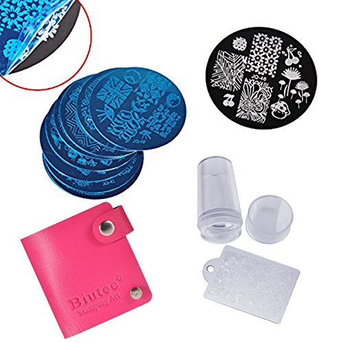 Biutee Estampacion Uñas de Acero Inoxidable con 10 Placas + 1 Estampador +1 Raspador +1 Funda en la que se Pueden Guardar 24 Placas (el Color Azar)